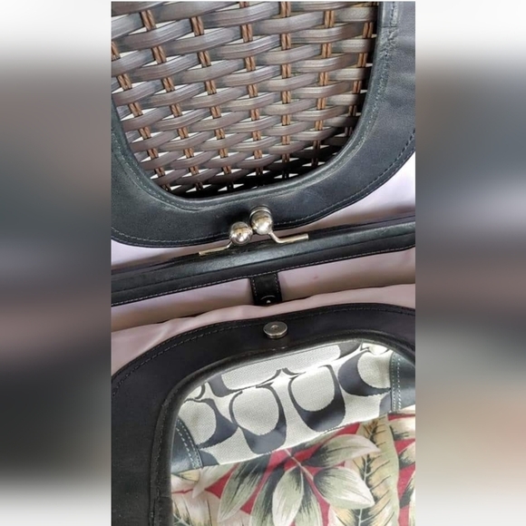 VINTAGE AUTHENTIC COACH SIG C JACQUARD & LEATHER FRAMED SATCHEL TOTE  HAND BAG - Picture 6 of 7